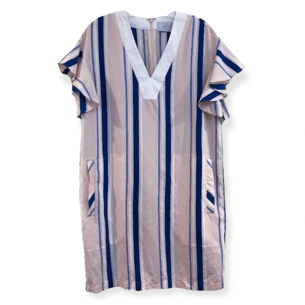 PEARL by Lela Rose Striped Ruffle Sleeve Pink Blue Designer Sheath Mini Dress S